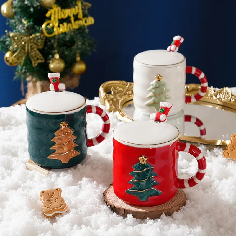 Christmas Mug Milk Beverage Coffee Cup with Lid and Spoon Hand Drawn Relief Tree Ceramic Water