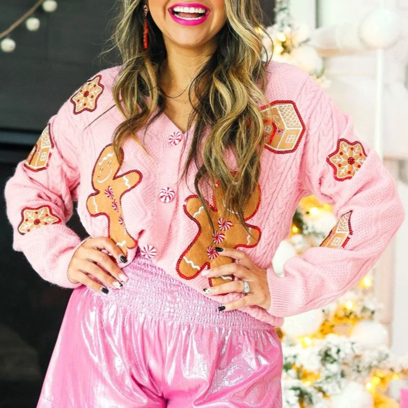 Women Sequin Gingerbread Man Cardigan Funny Knitted Ugly Christmas Sweater Button Open Front Long Sleeve Party Knitwear Tops