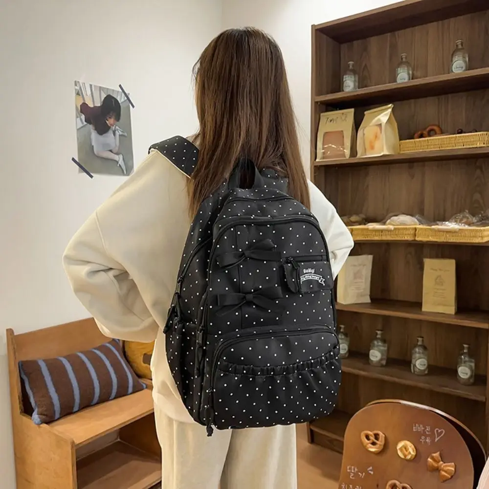 

Polka dot Bow Girls Backpack Nylon Large-capacity Student Schoolbag Multi-compartment Anti-theft Travel Computer Backpack