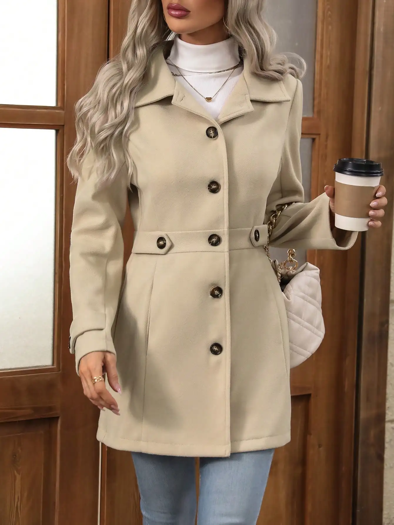 

Ladies' Single Breasted Notched Collar Woolen Coat With Long Sleeves, Solid Color Fall Winter Cloth For Women