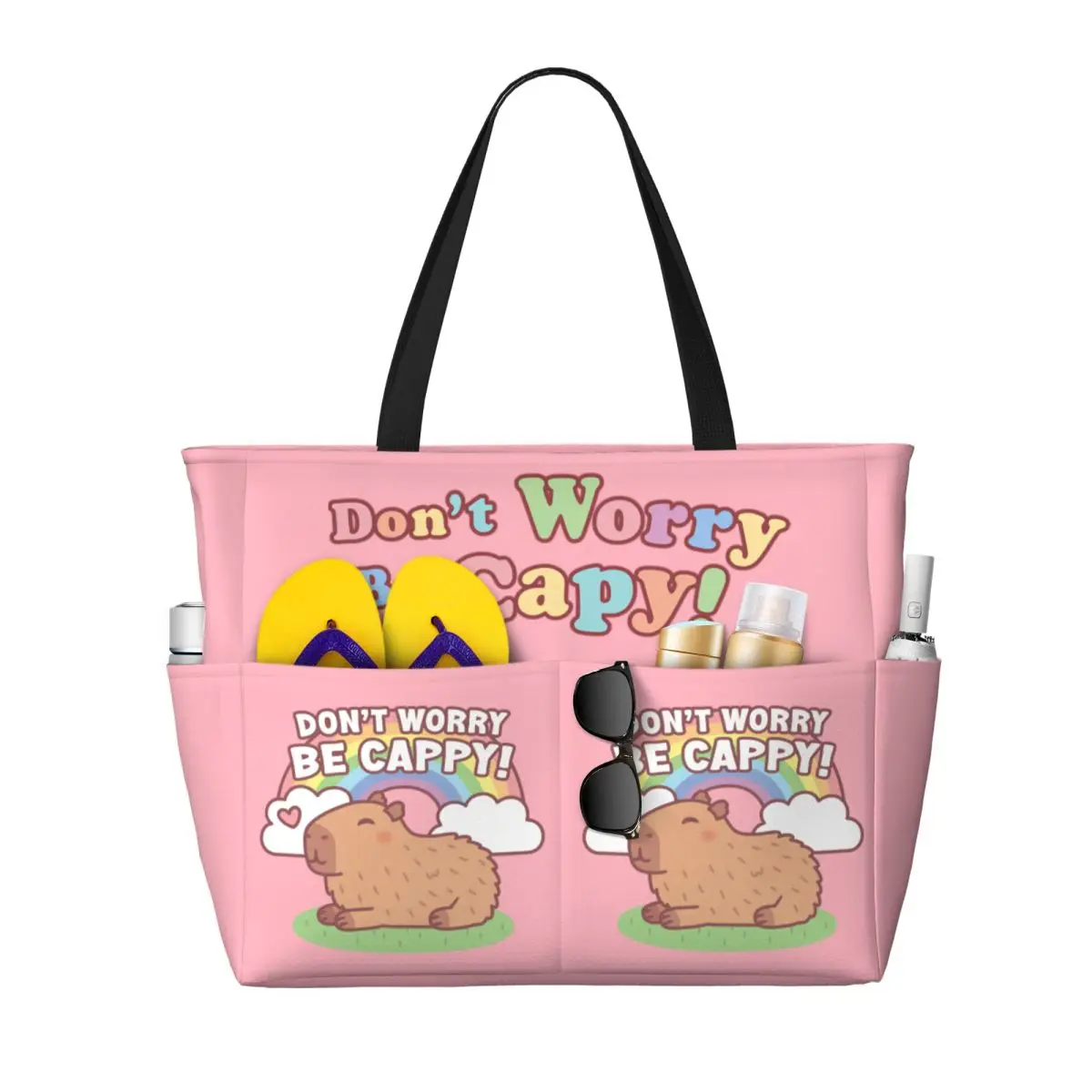 

Custom Cute Capybara And Rainbow Beach Tote Bag Women Extra Large Gym Carry On Travel Shopping Bags