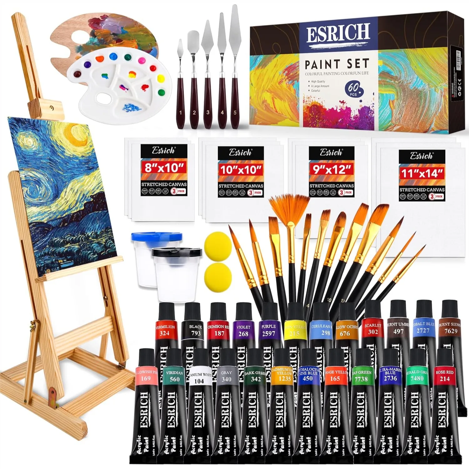 Professional Acrylic Paint Set 60PCS with Brushes, Easel, Canvases, Palette, Paint Knives, Brush Cup & Art Sponges for Adults