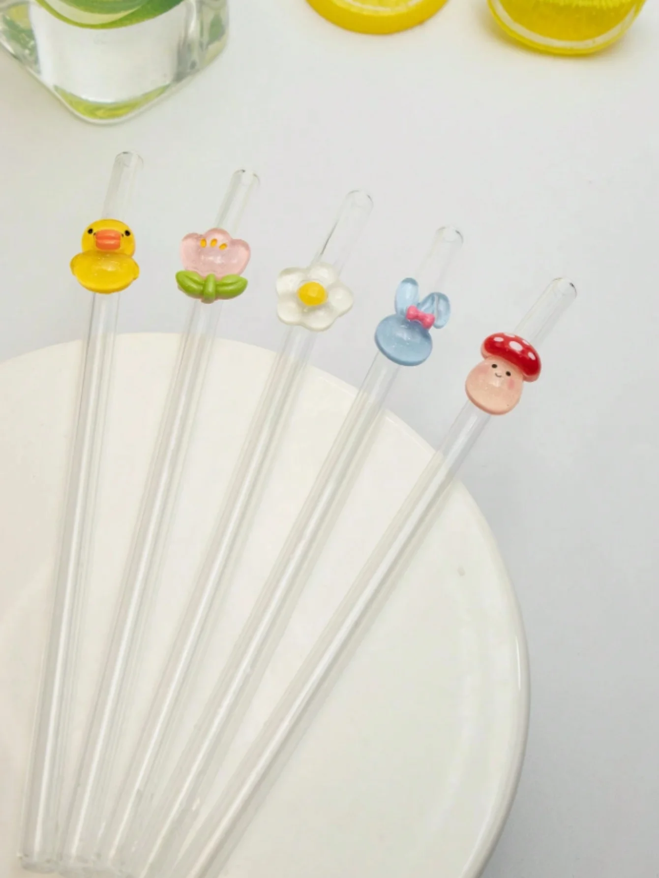 1/5 Pcs Animal Glass Straws, Mushroom/Rabbit/Duck Designs. For Boba, Coffee & Cocktails. Perfect Gift for Parties & Holidays.