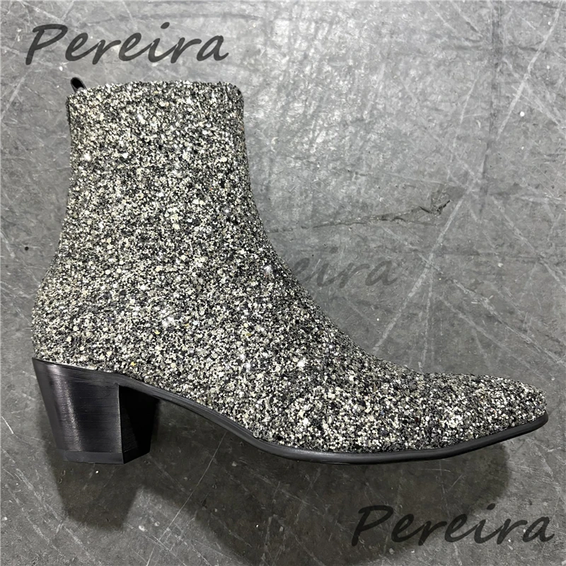 Bling Bling Sequined Cowhide Chelsea Boots Luxury Pointed Toe 6CM High Heel Short Boots Fashion Party Wedding Shoes Plus Size