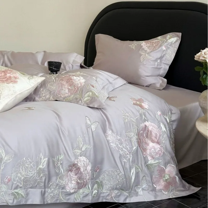 100S Long-staple Cotton Four-piece Set Embroidery Soft Skin-friendly Duvet Cover Bed Sheet Pillowcase Bedding Set All-season
