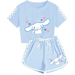 Sanrio Girls Cartoon T-Shirts and Shorts Set Cinnamoroll Kuromi Soft Pajamas Short Sleeve Set Summer Sport Clothes Homewear Gift