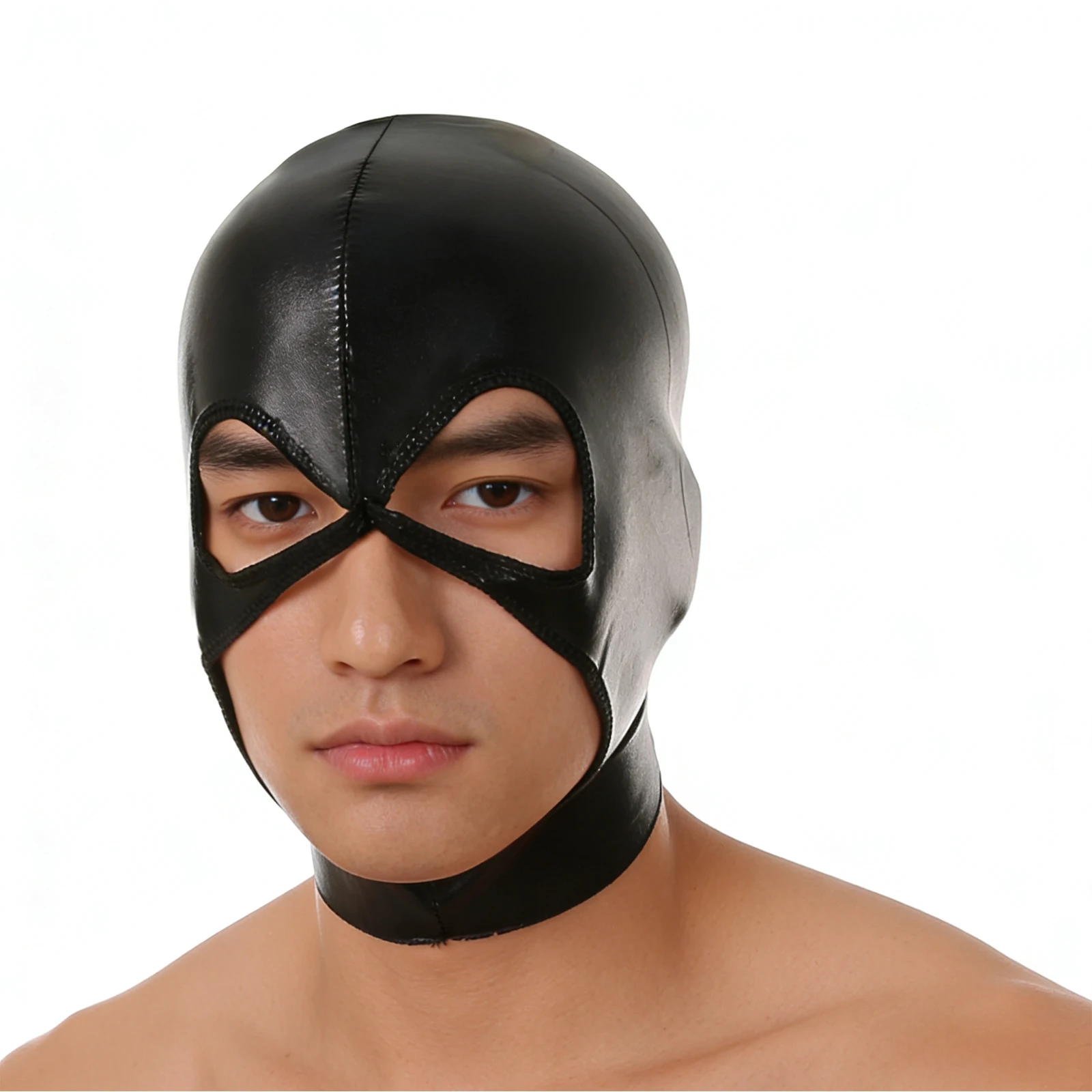 Men Cosplay Face Mask Faux Leather Unisex Wet-Look Headgear Open Eyes and Mouth Women Hood Role Play Costume image 3