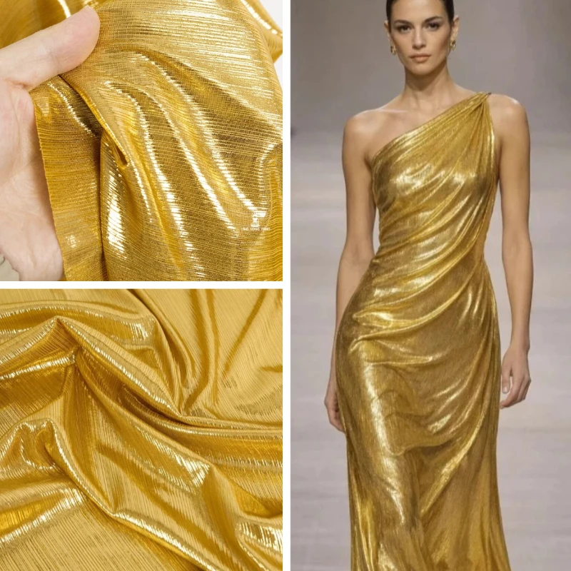 Metallisch Goldener Strickstoff Dehnbares Kleid Bühnenkostüm Abendkleid Designer Handgefertigtes Näh-DIY Heimwerker-Material Hintergrund