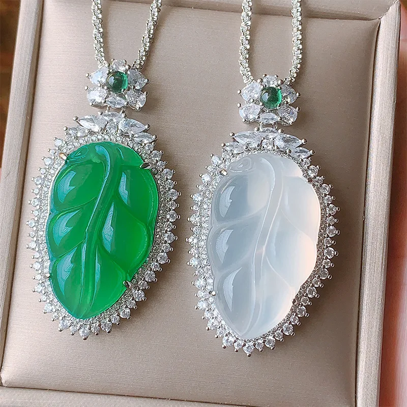 

Jewelry Green Chalcedony White Chalcedony Leaf New Chinese Style Accessories National Style Step-by-Step High-Rise Necklace Pend