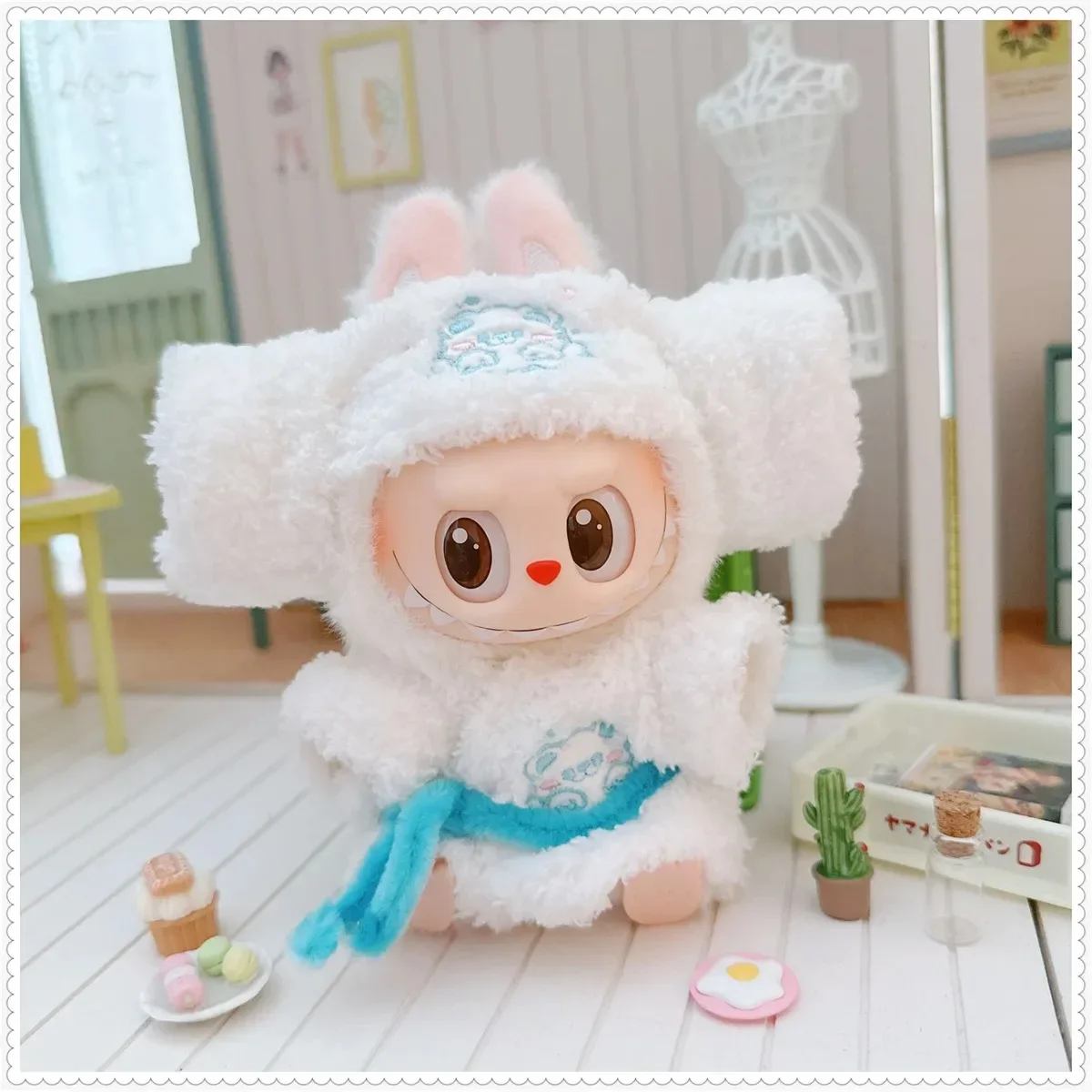 15-17 سنتيمتر Labubu بيجامة صغيرة مع قناع عين ثلاث قطع Kawaii V1 V2 Labubu الملابس لطيف المعبود أفخم إكسسوارات دمي هدايا الاطفال