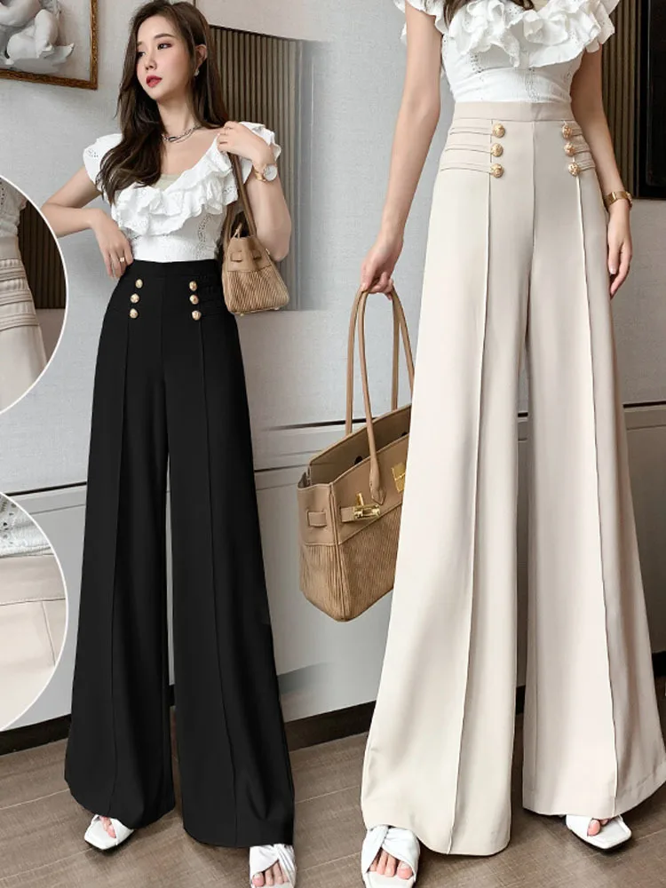 

Korean Fashion Vintage Office Lady Elegant Wide Leg Pants Women Solid High Waist Straight Trousers2024 Autumn Winter Pantalones