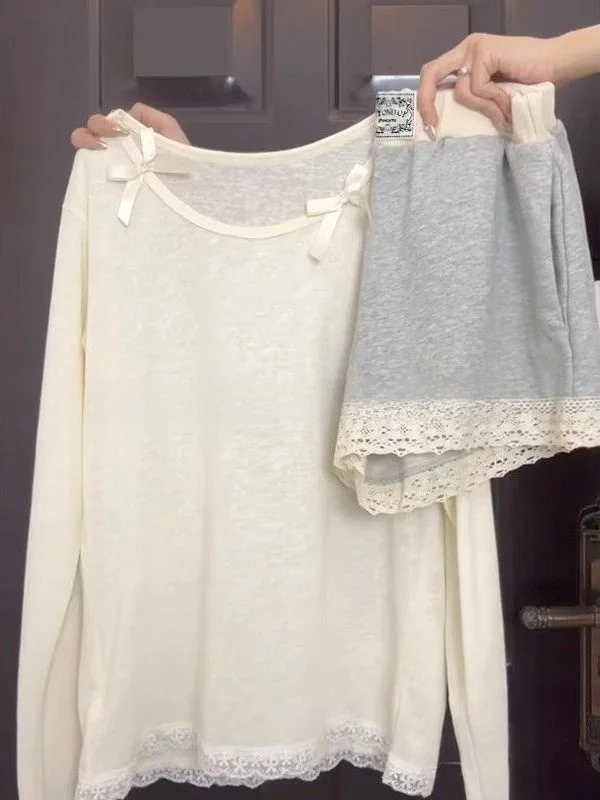 

Early Spring Gentle Wind Sweet Knot Lace Splicing Women's T-shirt Grey Shorts Set Fashionable Casual Outfit Ensemble