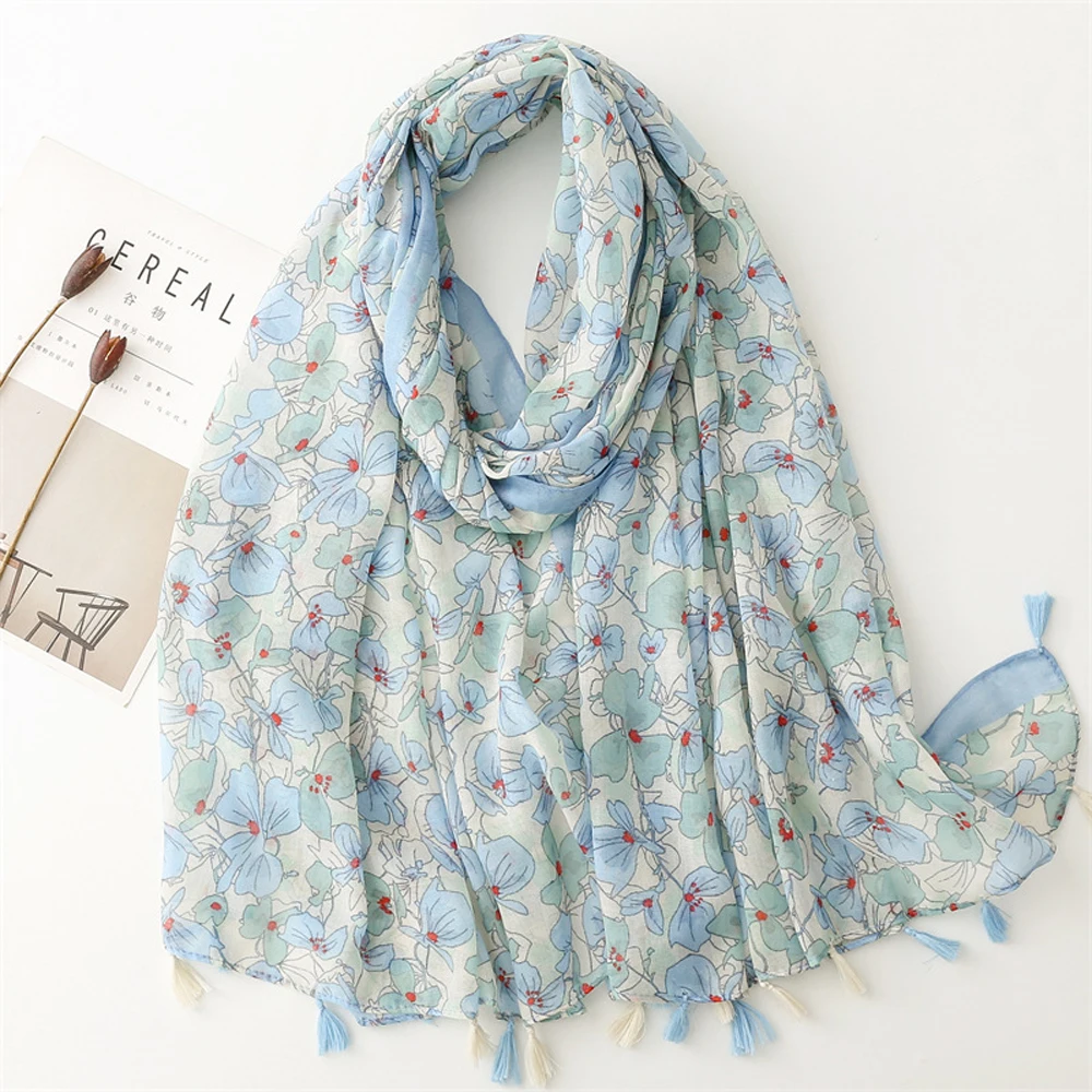 

2023 New Flower Pattern Tassel Scarves Shawls Long Foulard Floral Print Wrap Hijab Free Shipping