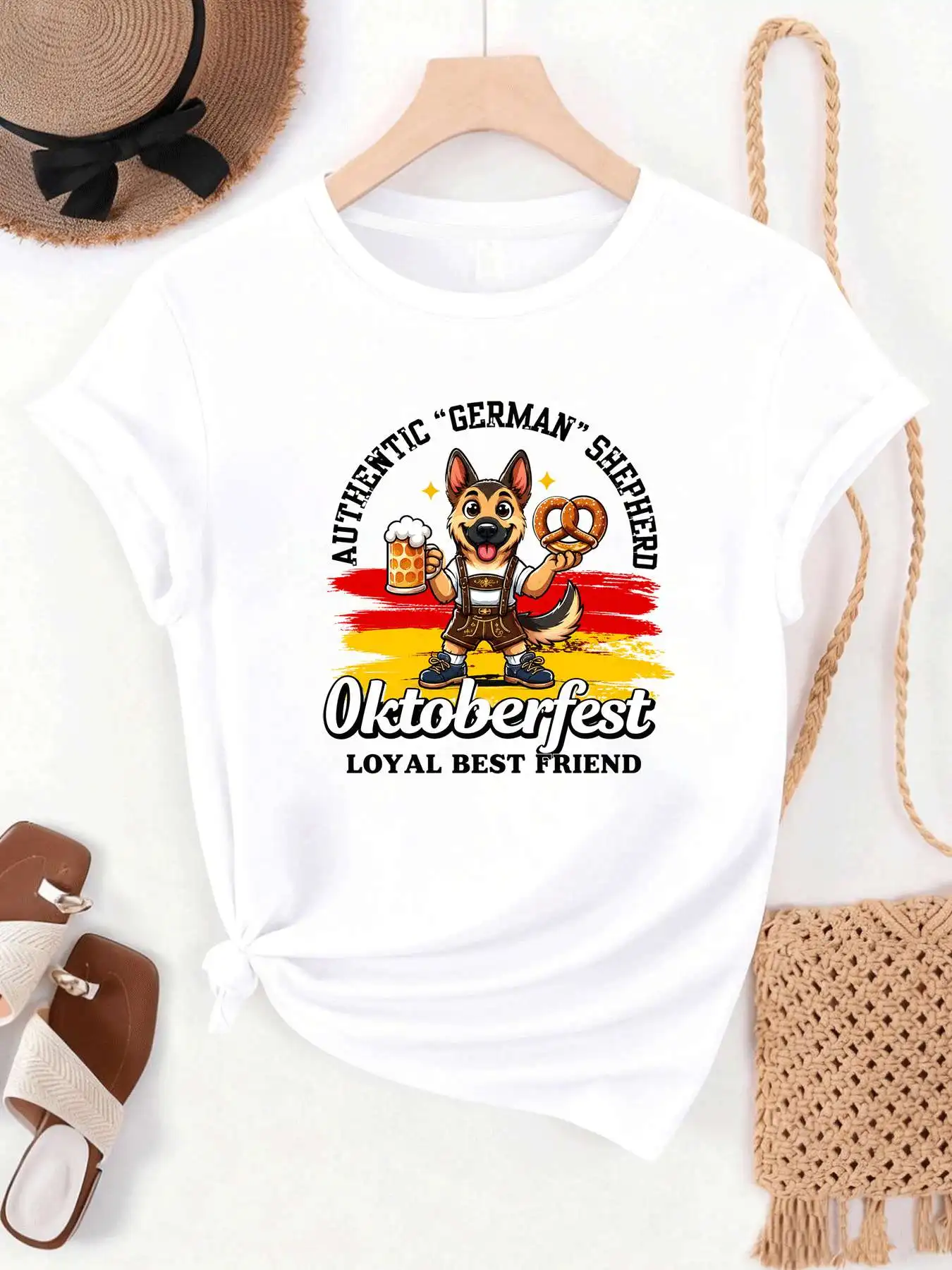 【MYJ062631】Beer Festival Women's  T-shirt Toast German Shepherd Pattern Round Neck Short Sleeve T-shirt Women
