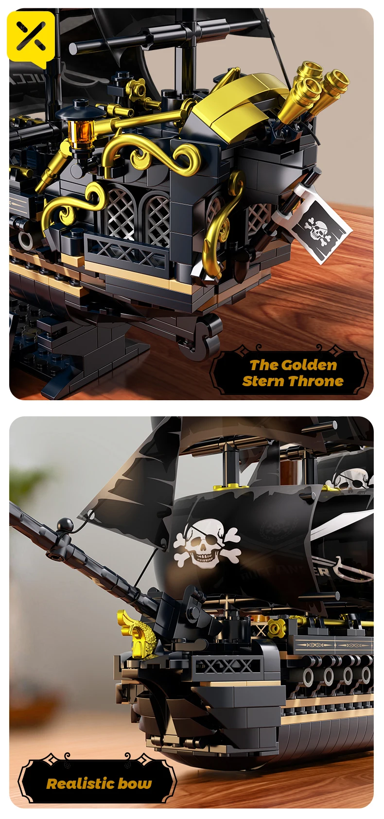Schwarzes Segel Piratenschiff Bausteine 3-Masted Segelboot Ziegel Erwachsene Sammlerstück DIY Montage Modell Display Dekoration Spielzeug Geschenk – Detail 6