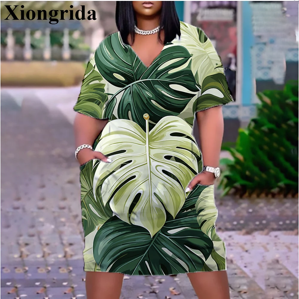 Women's Dress Tropical Leaf Printed Midi T-shirts Dress V-Neck Loose Mini Dress 3D Print Fashion Short Sleeve Dresses