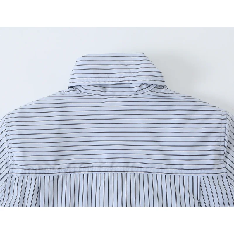 Damen Herbst Hellblaue Vertikal Gestreifte Bluse mit Schleifenkragen, Langen Ärmeln, Knopfleiste, Elegante Büro- und Pendler-Bluse – Detail 8