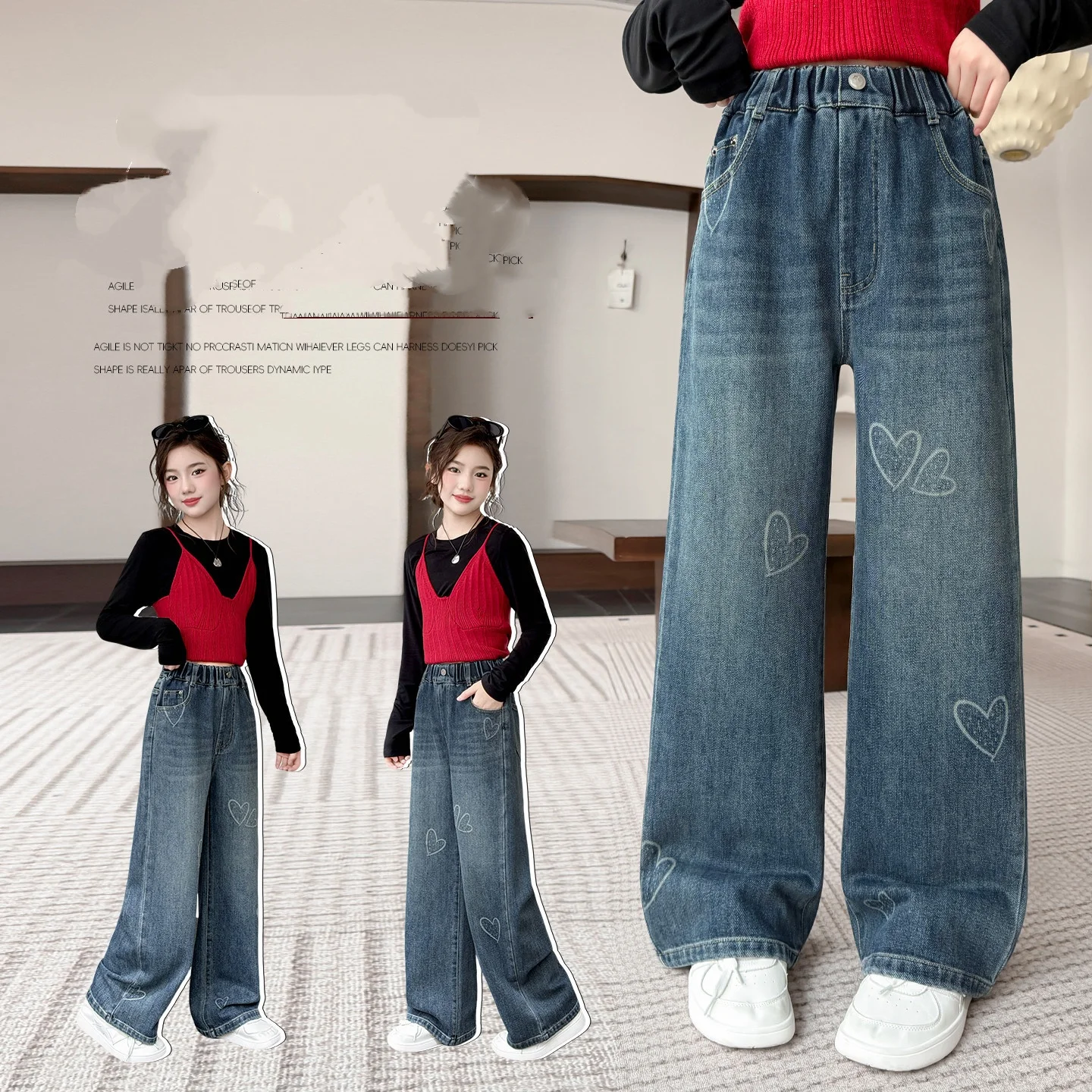 Teenager Girls Love Print Wide Leg Jeans Retro Washed Casual Y2K Street Style for Ages 4-15