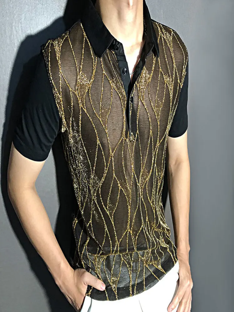 

Black Gold Abstract Pattern Lace Sexy Polo See Quality Men Through Social Club Luxe Transparent Shirt Summer Short Sleeve