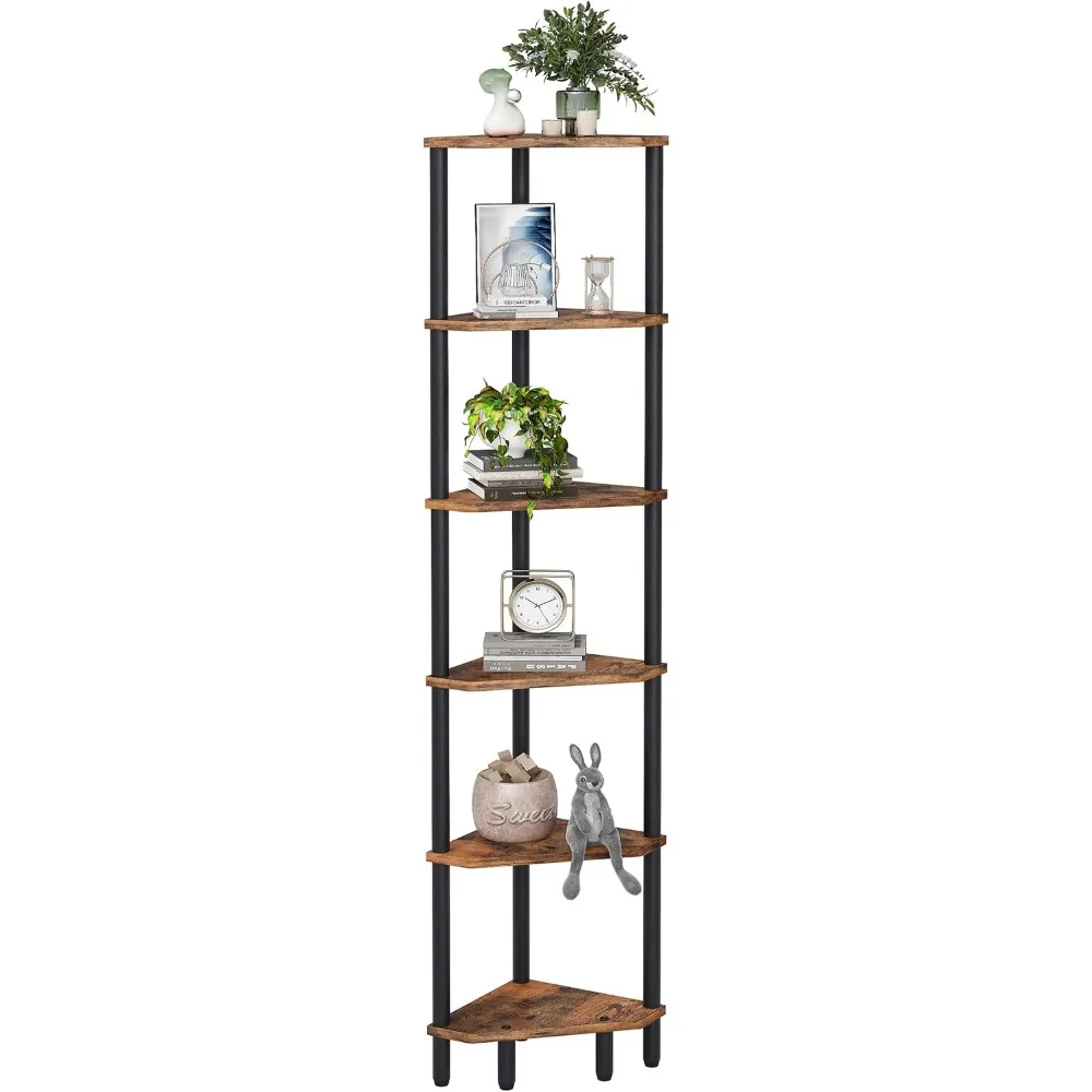 

Six Tier Tall Corner Shelf Unit Narrow Wood Display Stand for Books Plants Living Room Bedroom Bathroom Rustic Brown