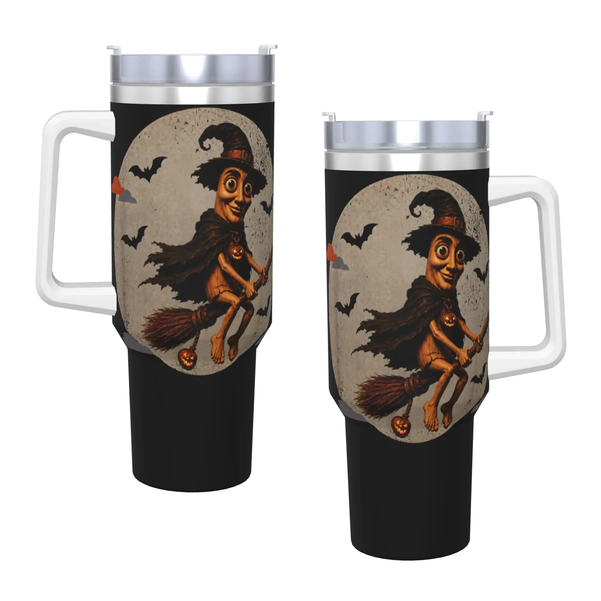 Stainless Steel Tumbler Tung Tung Sahur Flying Witch Costume Halloween Meme Mugs Cup With Straws Cold Drink Water Bottle