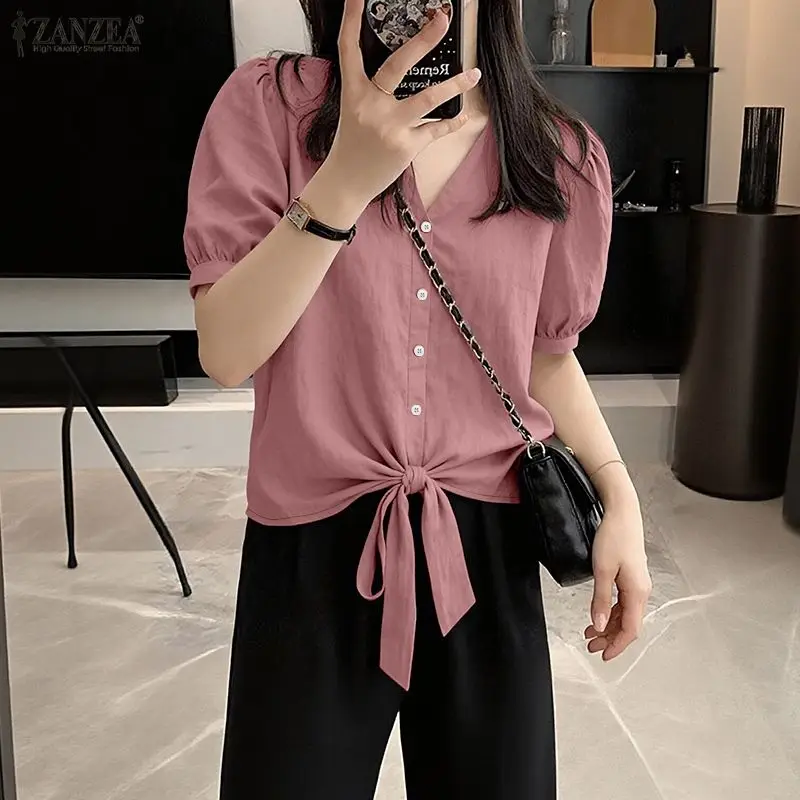 ZANZEA Elegant Woman Tied-Hem Shirts V-Neck Short Puff Sleeve Button Up Tops Summer 2026 Casual Chic Solid Color Chemises Femme