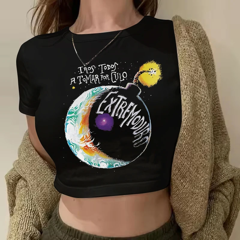 Women's Fashion Cropped T Shirt Rock Band Gothic Tshirt Graphic Vintage T-Shirt Woman Extremoduro Print Sexy Crop Tops Clothes