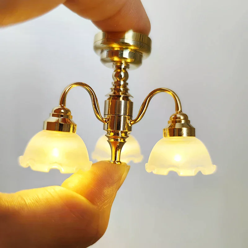 

Home Lighting Model Furniture Decor Toy Doll House Accessories 1:12 Dollhouse Miniature LED Golden Ceiling Lamp Chandelier