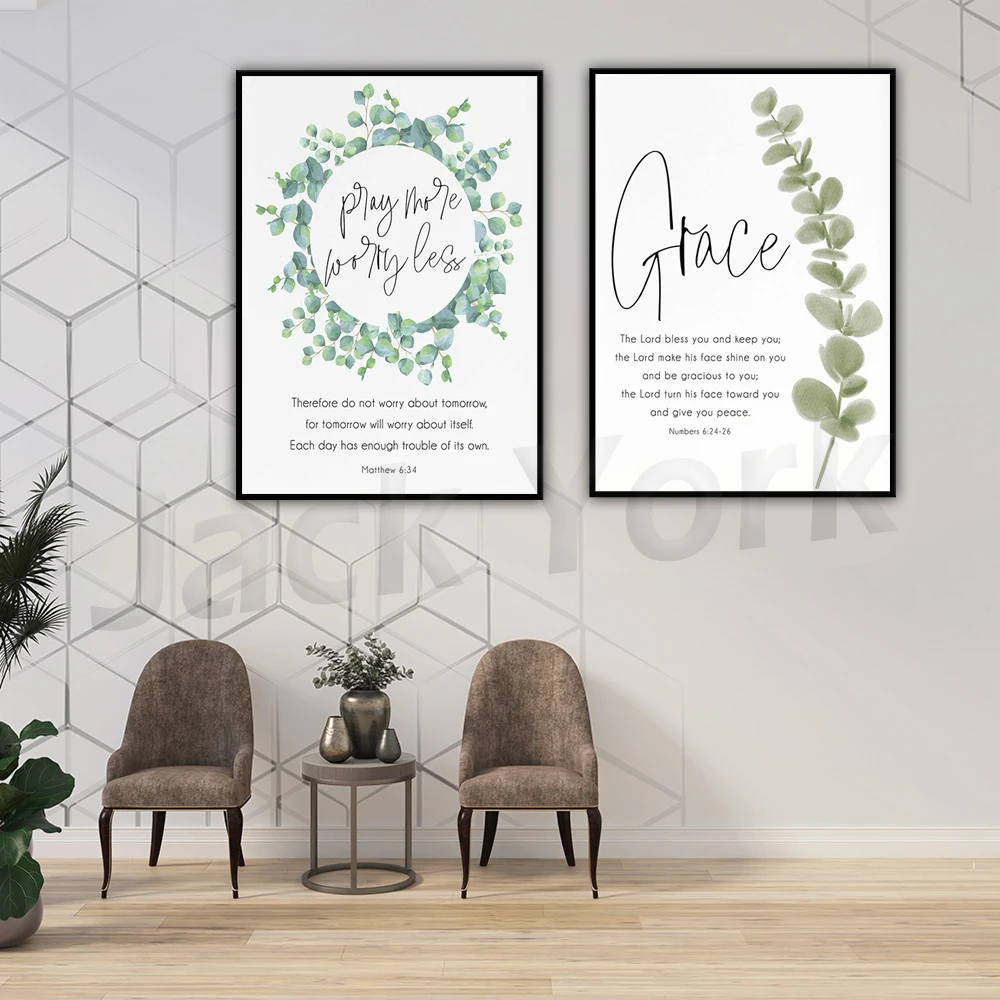 

Verse Wall Art Matthew 6:34, Numbers 6 24-26 Pray More & Grace Scripture Greenery Modern Christian Gift for Women