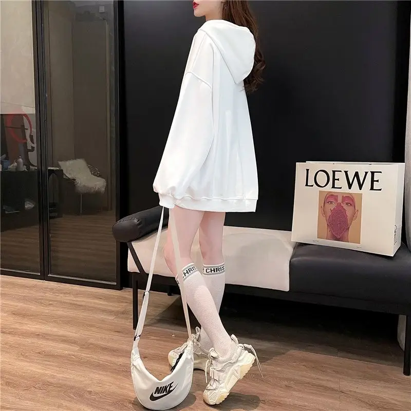 Female Casual Korean Shirring Buttons O-neck Long Sleeve Sweatshirts Autumn Winter Fleece New Simplicity Letter Mid Length Top