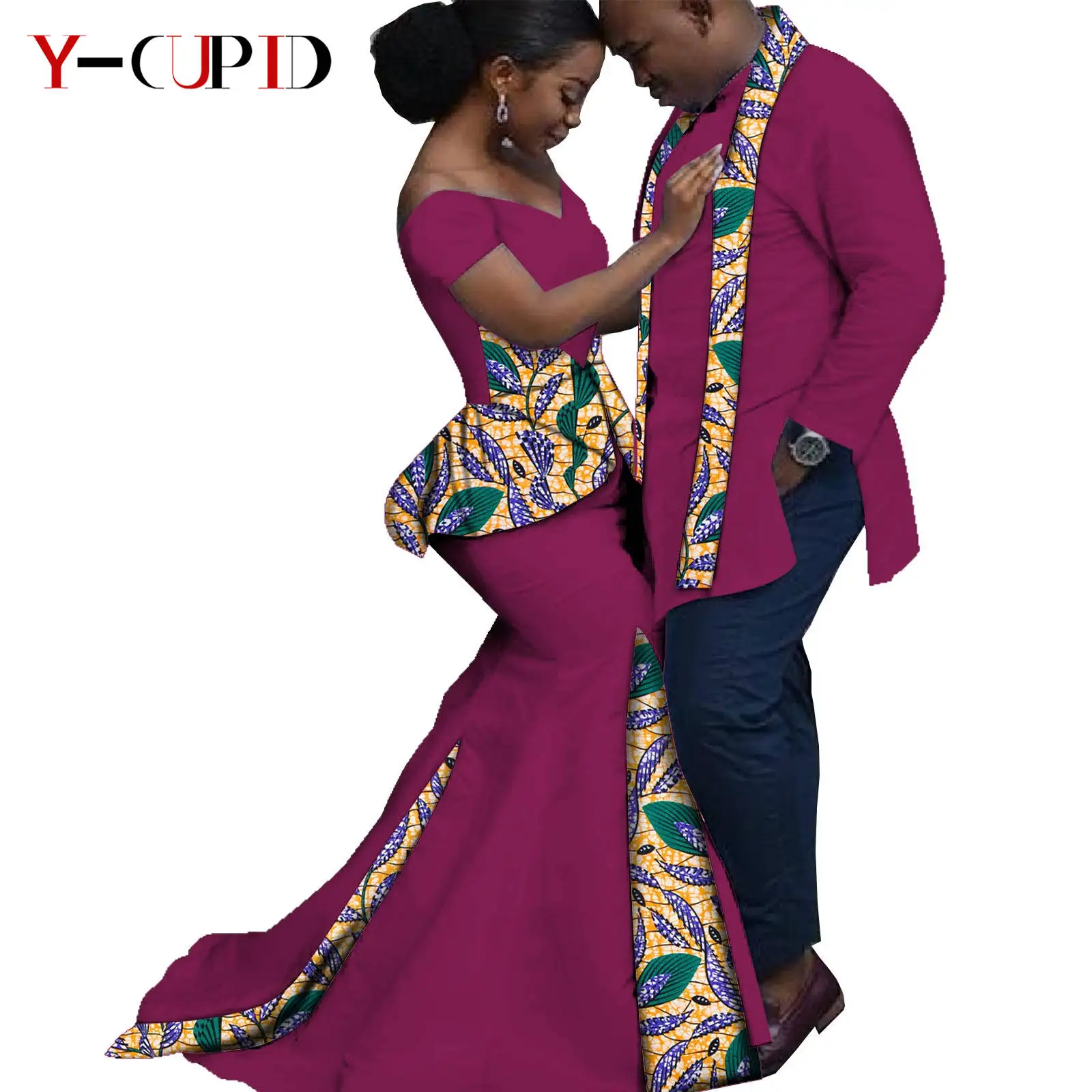 African Print Ruffles Mermaid Long Dresses Matching Couple Clothes Dashiki Men Top and Ankara Scarf  Party Wear S20C013
