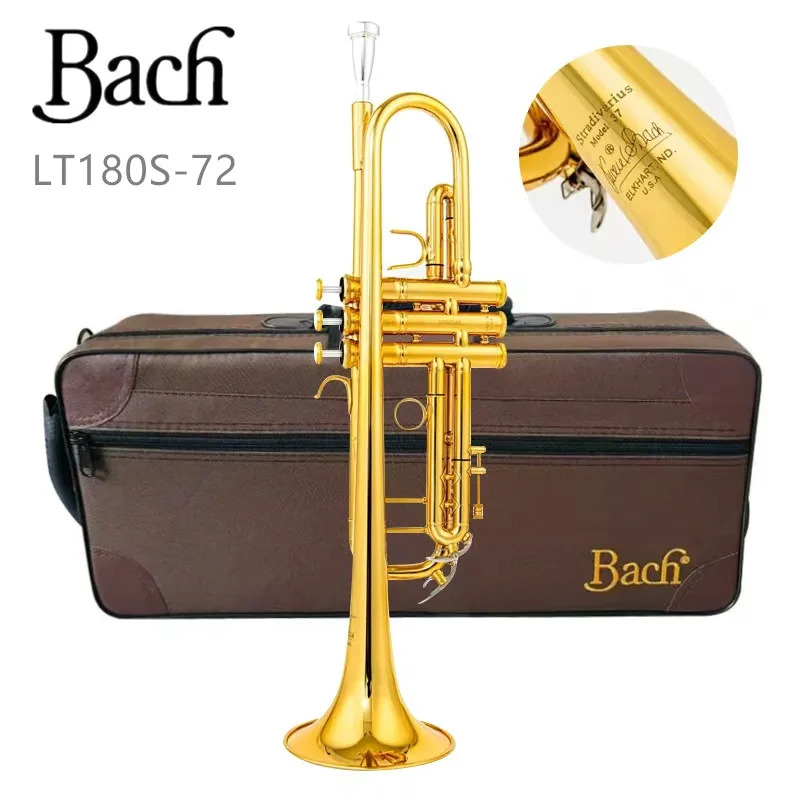 USA Bach LT180S-37 Gold Plated B Flat Trumpet Professional Musical Instrument with Carrying Case