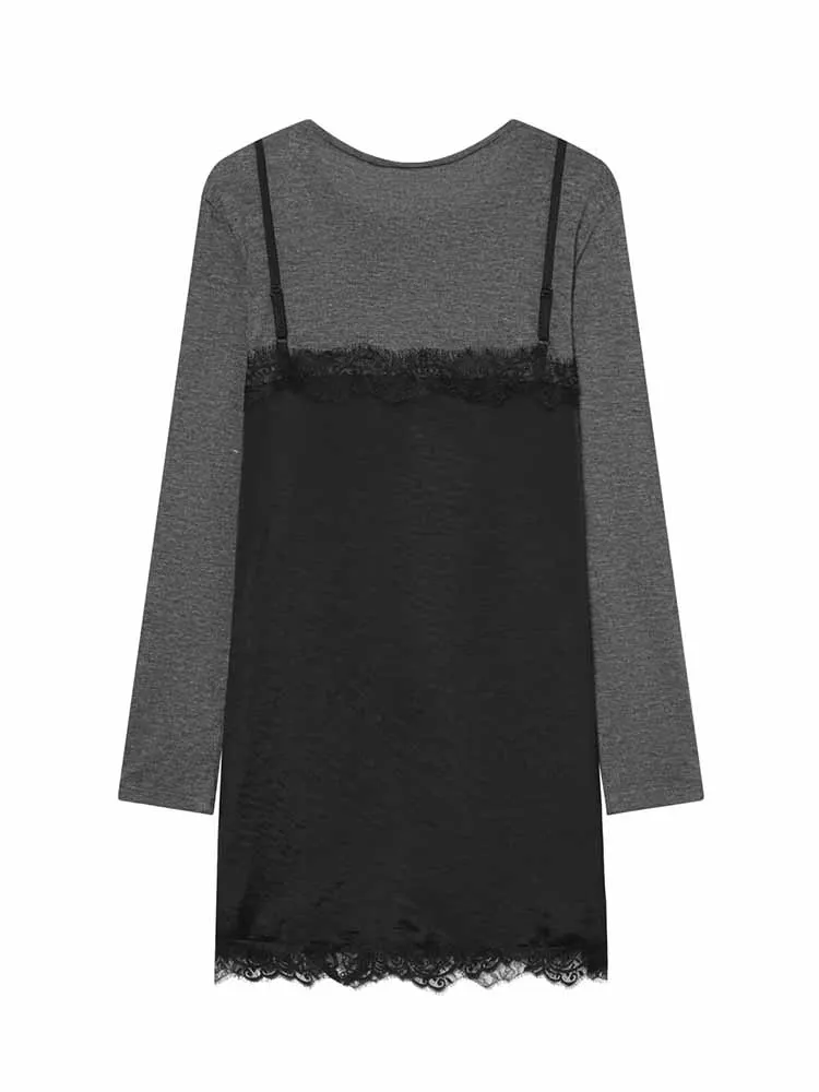 Sukienka damska wiosenna z długim rękawem, okrągły dekolt, imitacja dwuczęściowego kompletu, koronkowe zdobienia, efekt warstw, codzienna, uniwersalna.