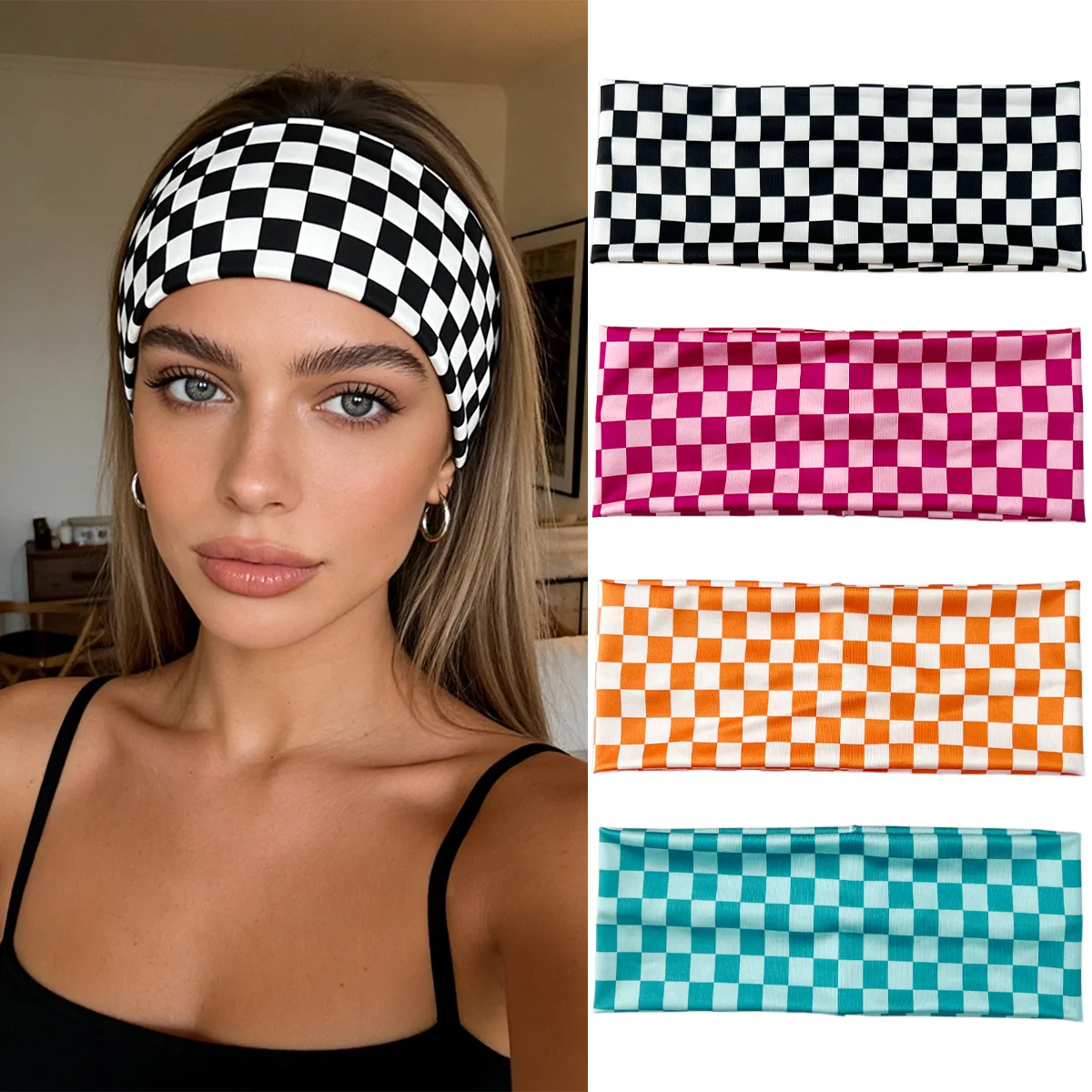

Chequered Headband Fashion Plaid Widened Elastic Headband Hair Styling Accessories for Sports Fitness Sweat-absorbing Hairband