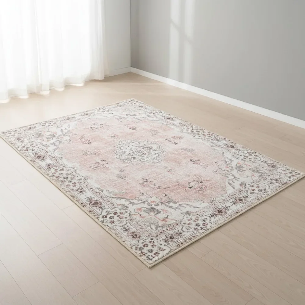 

Pink Floral 3'x5' Washable Non-Slip Area Rug - Soft Low-Pile for Living Room Bedroom Kitchen Entryway