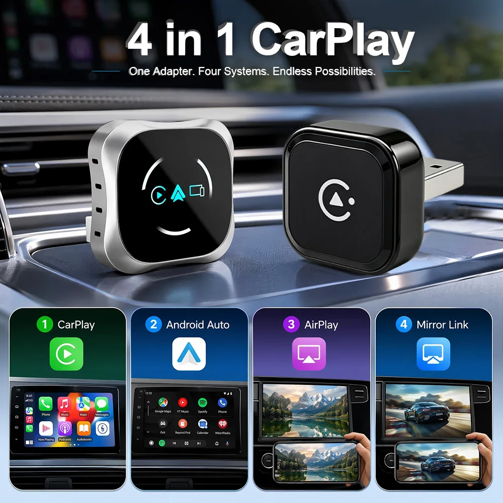4-In-1 Wireless Carplay Adapter Wireless Android Auto For Airplay Mirror Link Smart MiNi AI Box USB Plug and Play Auto Connect