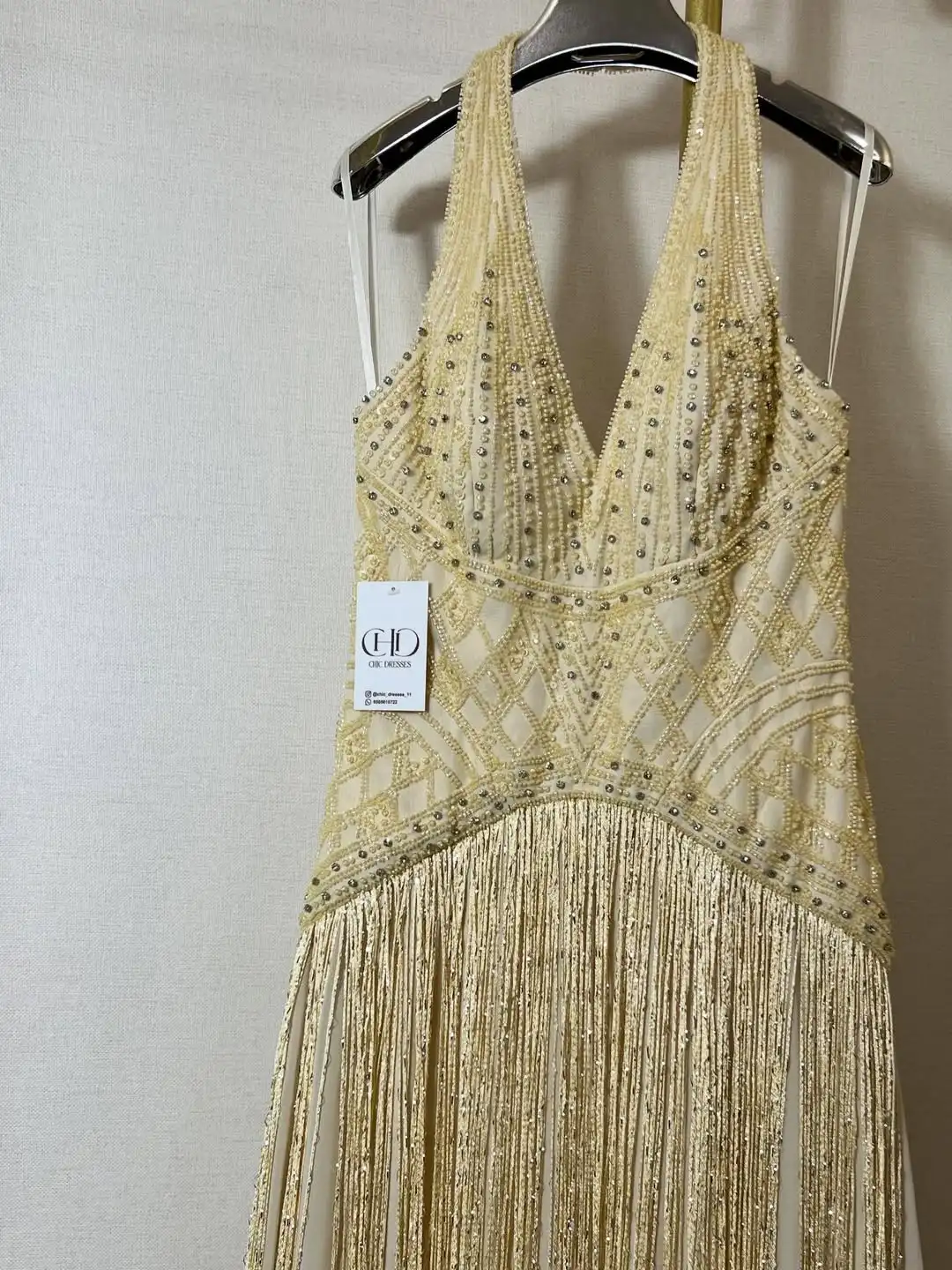 

Ofherown 2026 New Gold Halter Neck Evening Dress Women Elegant Beaded Tassel Long Formal Prom Gown for Special Occacion