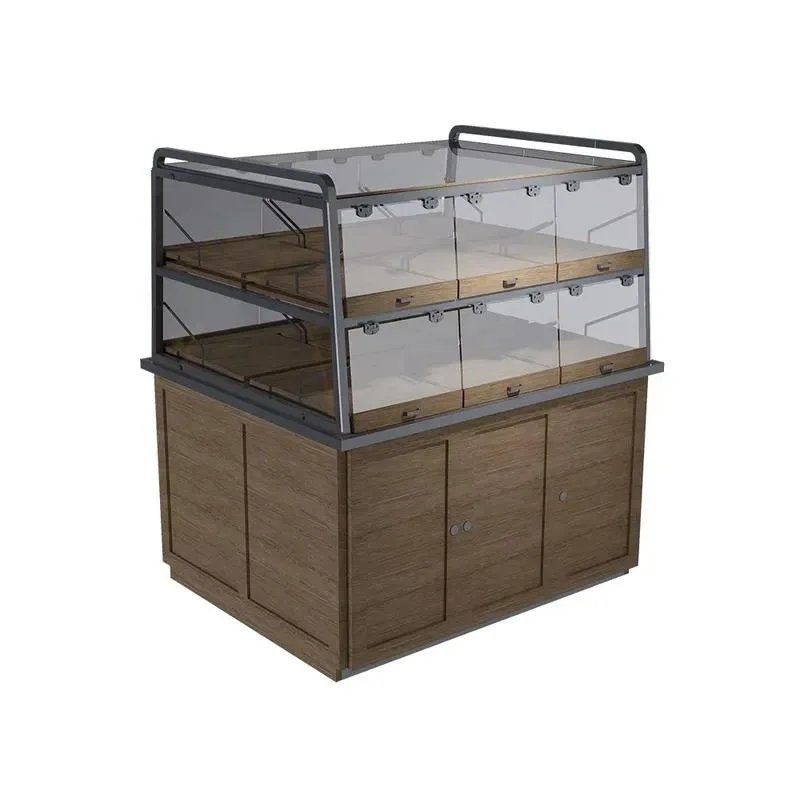 2 Tier Metal and Wood Bread Pastry Display Rack Large Capacity Bakery Shelf for Supermarket Store Showcase Elegant Design