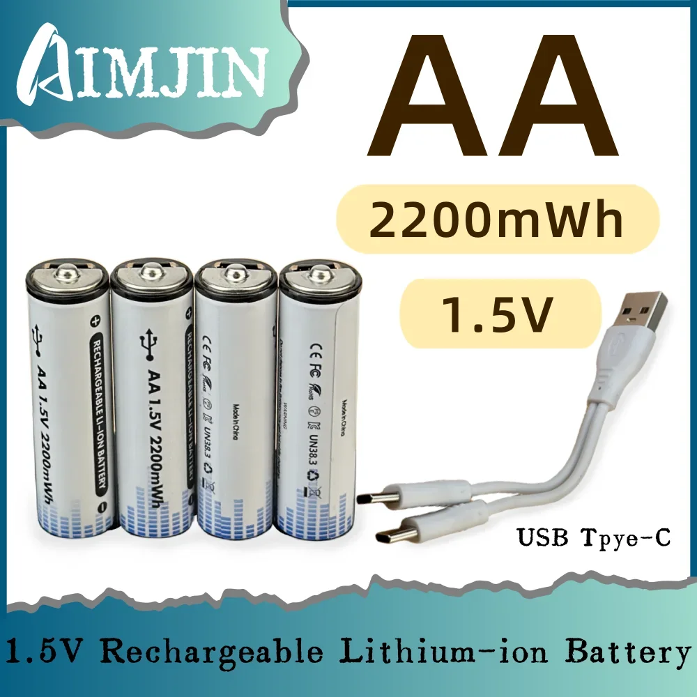 

AA 1.5V 2200mWh Rechargeable Lithium Battery Type C USB Charging Suitable for Remote control, flashlight, electric toy etc