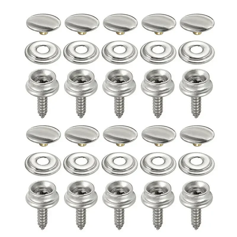 30pcs Auto Snap Fastener Stainless Canvas Screw Kit 15mm Snap Fastener Sockets Buttons Stainless Steelself-tapping Screw Stud