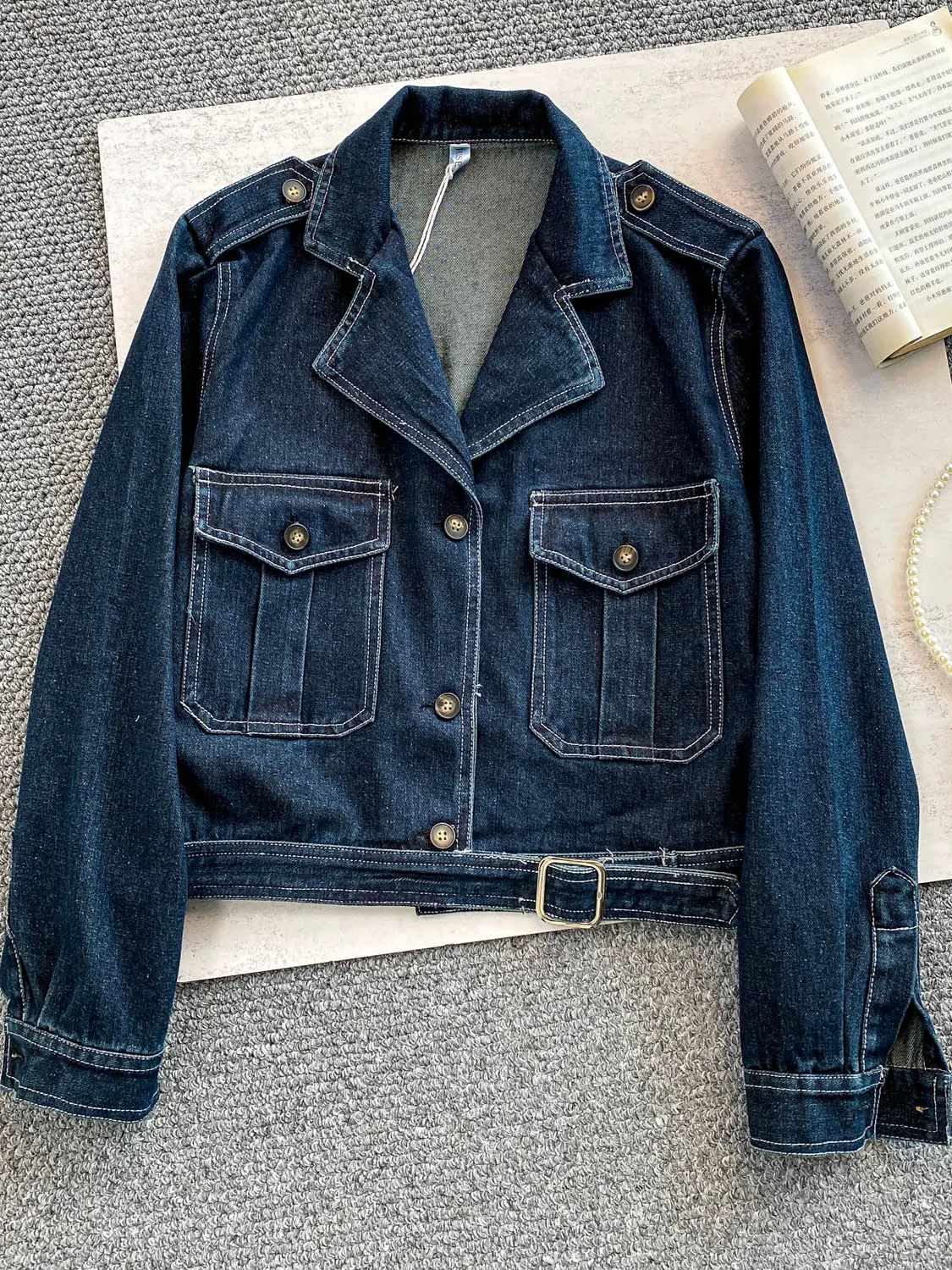 

Retro Sle Loose Fit ort Jaet Women's Denim Waistcoat Coat Deep Blue Faded Design Autumn Winter Slimming Top