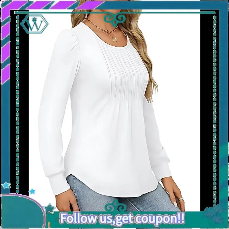 

A09P женские пышные туники с длинными рукавами, плиссированные блузки с круглым вырезом, нарядные повседневные свободные зимние и весенние рубашки