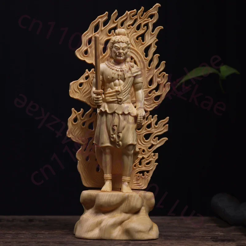 Wood Carved Hand Carved Fudo Myoo Acalanatha Standing Statue Figurine Zodiac Guardian Home Altar