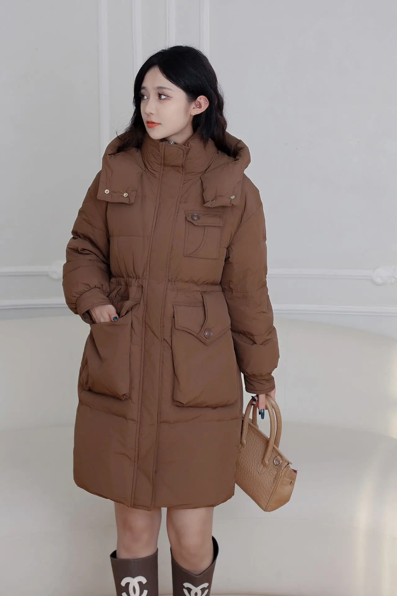 Winter Warm Mid Length Hooded Down Jacket Women White Duck Down Multi Pocket Parker Outwears Female Zipper Thicken Loose Jacket