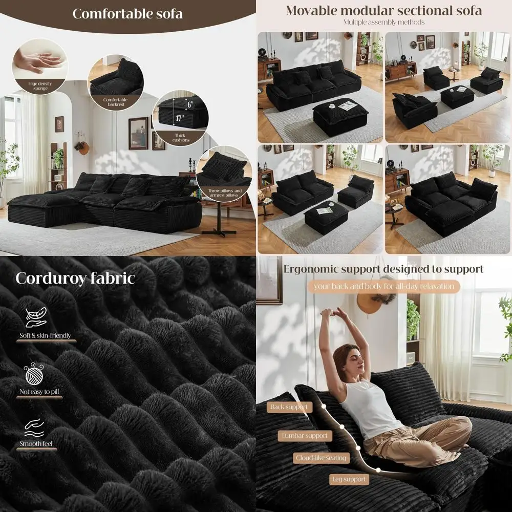 

Ультрасовременный угловой диван-облако L-образной формы с глубоким сидением, передвижным пуфом и функцией трансформации в кровать для гостиных, черный