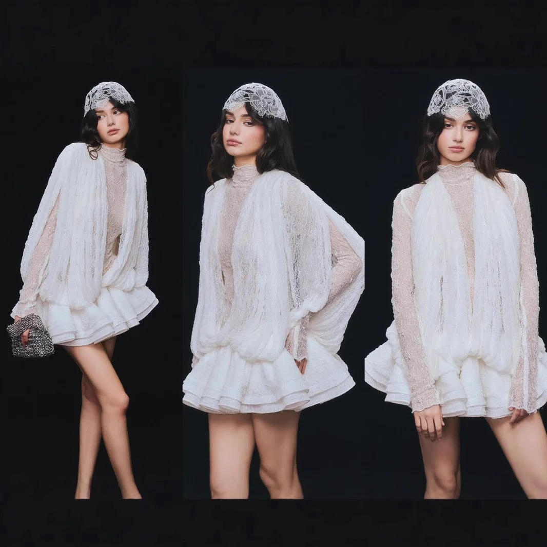 

Элегантный белый кружевной комплект с юбкой на резинке и многослойным тюлевым топом, женское весеннее модное платье с круглым вырезом и длинными рукавами