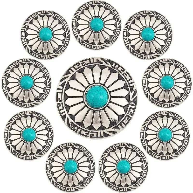 10 szt. 1-otworowe turkusowe guziki Western Conchos śrubowe okrągłe metalowe dekoracyjne Conchos płaskie okrągłe ze wzorem słoneczników