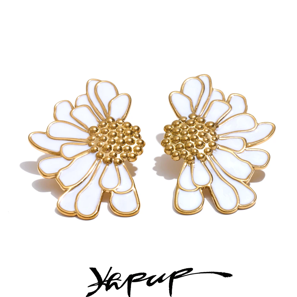 Yhpup Big White Black Enamel Flower Statement Fashion Kolczyki sztyfty 18-karatowe złoto Kolor PVD Plated Biżuteria ze stali nierdzewnej Prezent