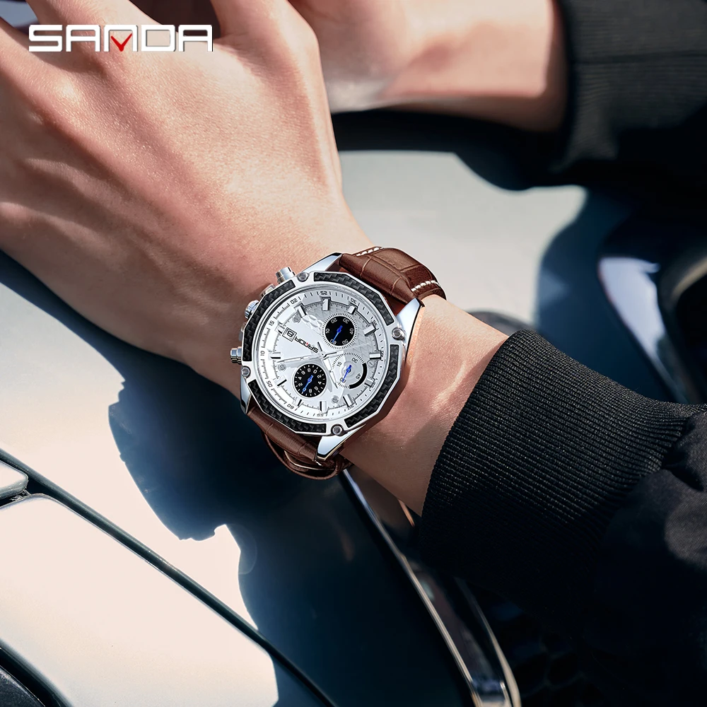 SANDA 5301 Fashion Trend Quartz Watch Waterproof Circular Dial Metal 3D Design Automatic Date Run Second Watches for Man Reloj