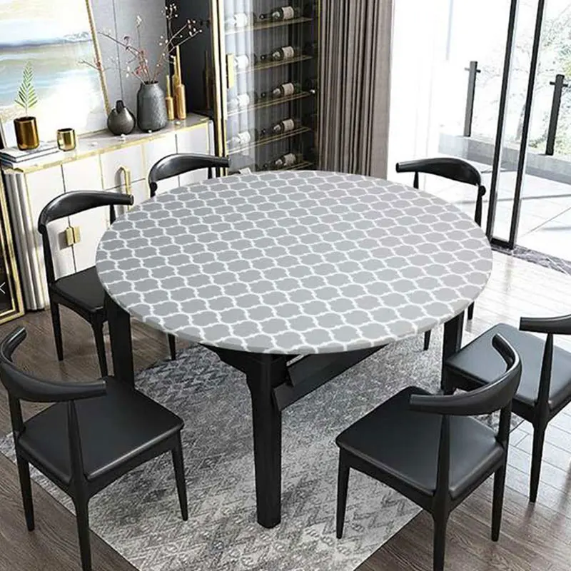 1pcs Elastic Edged Vinyl Fitted Tablecloth Round Flannel Backed Table Cover Oil & Waterproof Wipeable Table Cloth Dining Table